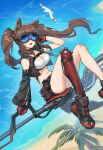  1girl :d alternate_costume angelina_(arknights) animal_ears arknights artist_name bandaid bandaid_on_face bandaid_on_knee bandaid_on_leg beach bird black_collar black_gloves black_shoes black_shorts black_sleeves breasts brown_hair cellphone cleavage collar commentary_request cropped_vest day detached_sleeves earpiece floating_hair fox_ears fox_girl gloves goggles hand_in_own_hair hand_up high_up highres infection_monitor_(arknights) large_breasts long_hair looking_at_viewer lunn multicolored_gloves navel ocean outdoors palm_tree phone pouch red_gloves seagull shoes short_shorts shorts smartphone smile sneakers solo sports_bra staff_riding stomach tinted_eyewear tree twintails two-tone_gloves vest white_sports_bra 