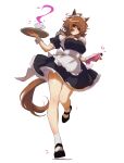  1girl absurdres agnes_tachyon_(umamusume) ahoge animal_ears apron black_dress black_shoes blush breasts brown_hair calamity_brezze commentary cup dress english_commentary full_body hair_between_eyes highres holding holding_tray horse_ears horse_girl horse_tail large_breasts looking_at_viewer maid maid_apron maid_headdress medium_hair open_mouth red_eyes shoes short_sleeves simple_background smile socks solo tail tray umamusume white_apron white_background white_headdress white_socks white_wrist_cuffs wrist_cuffs 