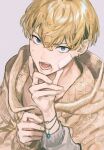  2boys baji_keisuke blonde_hair blue_eyes commentary_request earrings fingernails hand_on_another's_chin jewelry kota_uro looking_at_viewer male_focus matsuno_chifuyu multiple_boys short_hair solo_focus sweat sweater tokyo_revengers undercut upper_body yaoi 