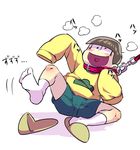  arms_up bad_id bad_twitter_id blush breath brown_hair collar commentary_request dragging heart heart_in_mouth highres hood hoodie leash leash_pull male_focus matsuno_juushimatsu osomatsu-kun osomatsu-san shakata_(syakatan) shoes shorts simple_background single_shoe sleeves_past_wrists slippers slippers_removed socks solo white_background 
