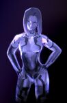  1girl 8log4icy absurdres ass_visible_through_thighs black_background blue_eyes breasts commentary cortana cowboy_shot english_commentary halo_(series) halo_2 hands_on_own_hips head_tilt highres hologram looking_to_the_side parted_lips short_hair simple_background small_breasts smile solo 