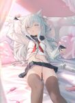  1girl absurdres animal_collar animal_ear_fluff animal_ears aqua_eyes arm_up bed black_collar black_sailor_collar black_skirt blush brown_thighhighs cat_ears cat_girl chain chain_leash collar commentary_request dildo egg_vibrator fang hair_between_eyes heart heart-shaped_pillow hibiki_(kancolle) highres hitachi_magic_wand kantai_collection kemonomimi_mode leash long_hair long_sleeves lying miniskirt neckerchief no_panties on_back on_bed parted_lips paw_pose pillow pleated_skirt rabbit_vibrator reclining red_neckerchief sailor_collar school_uniform serafuku sex_toy skirt solo thighhighs tomushi vibrator white_hair yes-no_pillow 