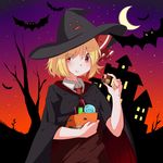  bat blonde_hair blush bowl candy cloak cookie crescent_moon eating food halloween hat highres jack-o'-lantern lollipop looking_at_viewer maikuro moon red_eyes rumia solo touhou witch_hat 