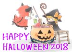  2018 2girls :d back_bow black_hat blonde_hair book bow broom cauldron commentary_request cyu_ta frilled_bow frills grey_hair hair_bow hakurei_reimu halloween happy_halloween hat hat_bow holding holding_staff hood hoodie jack-o'-lantern kirisame_marisa ladder long_hair mixed-language_commentary mixing multiple_girls mushroom open_mouth orange_bow orb red_bow red_hoodie smile staff star_(symbol) stepladder touhou white_background witch_hat yin_yang yin_yang_orb 