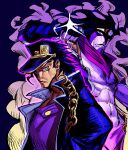  2boys black_gloves black_hair black_hat black_jacket blue_background chain colored_skin commentary fingerless_gloves gakuran glint gloves gold_chain green_eyes hat highres jacket jojo_no_kimyou_na_bouken kujo_jotaro long_coat male_focus multiple_boys pectorals purple_aura purple_shirt purple_skin school_uniform shirt simple_background slipnum stand_(jojo) star_platinum stardust_crusaders upper_body 