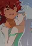  2girls blue_background closed_eyes commentary_request cuddling dark-skinned_female dark_skin green_tank_top grey_hair gundam gundam_suisei_no_majo highres long_hair miorine_rembran multiple_girls natu4687 red_hair shirt simple_background sleeping_together suletta_mercury tank_top thick_eyebrows white_shirt yuri zzz 