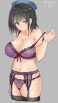  bare_shoulders black_hair black_legwear bra breasts cropped_legs garter_belt hat isshiki_(ffmania7) kantai_collection lace lace_bra lace_panties large_breasts lingerie navel panties purple_bra purple_panties red_eyes short_hair sketch solo strap_pull takao_(kantai_collection) thighhighs twitter_username underwear underwear_only 