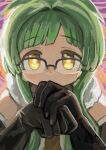  1girl absurdres artist_logo bare_shoulders black-framed_eyewear black_gloves colorful_background commentary_request dido_(di_do_di_do) elbow_gloves fur-trimmed_hood fur_trim gloves green_hair hair_intakes highres hood hood_down logo long_sidelocks magical_girl mahou_shoujo_madoka_magica mahou_shoujo_madoka_magica:_walpurgis_no_kaiten own_hands_together portrait semi-rimless_eyewear shi_choka short_hair short_hair_with_long_locks side_part sidelocks solo yellow_eyes 