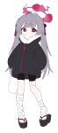  1girl absurdres ahoge alternate_costume bag bandaged_leg bandages bandaid bandaid_on_face bandaid_on_leg bike_shorts black_jacket black_nails black_shorts blue_archive blunt_bangs blush closed_mouth commentary full_body fur_trim grey_hair hair_ornament halo hands_in_pockets highres honi_(honi1010) hood hood_down hooded_jacket jacket long_hair long_sleeves looking_at_viewer nail_polish okobo pink_eyes platform_sandals red_halo ribbon sandals shorts shuro_(blue_archive) simple_background solo standing toenail_polish toenails toes twintails very_long_hair white_background 