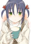  1girl absurdres black_hair blush cardigan censored commentary_request cup green_eyes hair_between_eyes hair_ribbon hands_up hayate_no_gotoku! highres holding holding_cup looking_at_viewer medium_hair mug nishizawa_ayumu parted_lips red_ribbon reiya52 ribbon shirt simple_background sleeves_past_wrists solo steam turtleneck turtleneck_shirt two_side_up upper_body white_background white_cardigan white_shirt 