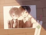  2boys alternate_costume antenna_hair black_eyes black_hair black_shirt black_sweater_vest blush collared_shirt commentary_request double-parted_bangs eyepatch hair_between_eyes hand_on_another's_shoulder highres looking_at_viewer medical_eyepatch multiple_boys omori omori_(omori) one_eye_closed open_mouth photo_(object) rou_(h_s_sinrin) shirt short_hair smile sunny_(omori) suspenders sweater_vest teeth upper_teeth_only white_shirt 