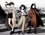  3girls ahoge araragi_karen araragi_tsukihi arm_at_side black_hair black_shoes black_shorts black_skirt black_socks blunt_bangs blunt_ends blurry blurry_background breasts brown_eyes brown_shoes chromatic_aberration clothes_writing coat collarbone contrapposto cross-laced_shoes egg_hair_ornament floating_clothes floating_hair food-themed_hair_ornament fringe-trimmed_shawl fringe_trim full_body gesugesu_ahoaho grey_eyes grey_shawl grey_shirt grey_skirt grey_theme grin hair_between_eyes hair_flaps hair_ornament hand_on_own_hip hands_in_pockets high-waist_shorts lapels light_blush long_coat long_hair long_skirt long_sleeves looking_at_viewer medium_breasts medium_hair monogatari_(series) multiple_girls notched_lapels open_clothes open_coat orange_coat outdoors pinky_out plaid_clothes plaid_shawl sengoku_nadeko shadow shawl shirt shirt_tucked_in shoes shorts side_ponytail skirt small_breasts smile sneakers socks standing striped_coat sweater sweater_tucked_in turtleneck turtleneck_sweater v-shaped_eyebrows vertical-striped_coat white_socks white_sweater yellow_coat 