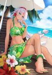  1girl anklet aqua_eyes arm_support bare_shoulders beach bead_hairband belt bikini blue_sky bow bracelet braid breasts chair cleavage closed_mouth cloud coconut_tree collarbone commentary_request crossed_legs curtained_hair dark-skinned_female dark_skin day detached_sleeves earrings eiyuu_densetsu facial_mark feet floating_hair floral_print floral_print_bikini floral_print_sarong flower forehead_mark gold_bracelet green_bikini green_nails green_sarong hair_bow hairband head_tilt hibiscus highres hoop_earrings jade_anklet jewelry large_breasts long_hair looking_at_viewer lounge_chair low-braided_long_hair low-tied_long_hair midriff minausa multiple_belts multiple_bracelets nail_polish navel navel_piercing necklace ocean outdoors palm_tree parted_bangs piercing print_bikini reclining red_bow red_flower red_hairband sand sandals sarong scherazard_harvey shore single_braid sitting sky smile solo sora_no_kiseki sunlight swimsuit thigh_belt thigh_strap toenail_polish toenails toes tree very_long_braid very_long_hair white_flower white_hair white_nails wooden_chair yellow_flower 