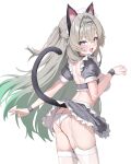  1girl :d absurdres animal_ear_fluff animal_ears aqua_pupils arm_at_side ass blush breasts bright_pupils butt_crack cat_ears cat_girl cat_tail clothes_lift colored_inner_animal_ears commentary cowboy_shot crop_top cropped_shirt firefly_(honkai:_star_rail) frilled_shirt_collar frilled_skirt frills from_side garter_straps gradient_eyes green_hair grey_shirt grey_skirt hair_intakes hairband hand_up highres honkai:_star_rail honkai_(series) kiro_(kirotayu) large_breasts long_hair looking_at_viewer looking_to_the_side maid miniskirt multicolored_eyes open_mouth panties pantyshot shirt simple_background skirt skirt_lift smile solo standing straight_hair tail thighhighs turning_head unconventional_maid underwear untranslatable_commentary very_long_hair white_background white_garter_straps white_panties white_thighhighs 