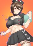  belmina black_skirt blush bow breasts brown_eyes brown_hair cleavage clipboard commentary_request girls_und_panzer hat highres holding holding_clipboard holding_pen miniskirt navel nishizumi_maho nurse nurse_cap o-ring o-ring_thigh_strap official_alternate_costume orange_background parted_lips pen pleated_skirt short_hair short_sleeves skirt thigh_strap underboob white_bow wrist_cuffs 
