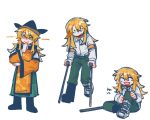  1girl :d ^_^ alternate_costume black_hat blonde_hair cane closed_eyes closed_mouth constellation_print detached_sleeves green_pants green_skirt hat highres holding holding_cane l_fzxxxx long_hair long_sleeves matara_okina multiple_views open_mouth orange_sleeves orange_tabard pants shirt simple_background skirt smile sun_print sweatdrop tabard touhou white_background white_shirt wide_sleeves yellow_eyes 