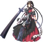  1girl absurdly_long_hair aged_up ahoge ainu_clothes animal_ears anju_(utawarerumono) artist_request black_dress bracelet braid breasts brown_eyes brown_hair closed_mouth clothing_cutout dress earrings fang full_body game_asset gradient_eyes greatsword hair_between_eyes hair_ornament highres hip_vent holding holding_sword holding_weapon jewelry layered_dress long_dress long_hair looking_at_viewer medium_breasts multicolored_eyes multiple_braids necklace official_art panty_straps quad_braids red_dress simple_background smile snow_leopard_ears snow_leopard_girl snow_leopard_tail solo standing sword tail third-party_source transparent_background utawarerumono:_lost_flag utawarerumono_(series) very_long_hair weapon yellow_eyes 