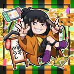  1boy akane-banashi black_hair chibi chibi_only commentary_request crossed_legs crown_(symbol) egasumi folded_fan folding_fan grid_teeth grin hand_fan haori himeshiro_(himeno_46) invisible_chair japanese_clothes lantern male_focus matchbox matchstick nerimaya_karashi nintendo_switch paper_lantern purple_shoes shirt shoes shorts sitting smile solo 
