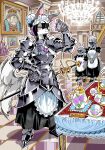  3girls :3 animal_ears apron armor armored_skirt black_dress black_hair blue_eyes breastplate commissioner_name cup dog_ears dog_girl dog_tail dress frilled_apron frills furry furry_female gauntlets gem grey_fur hair_bun hand_on_own_hip helmet holding holding_gem kafun looking_at_object maid maid_apron maid_headdress mansion medal multiple_girls original ornate_weapon pauldrons portrait_(object) purple_gem scabbard sheath shoulder_armor sparkle sweatdrop sword table tablecloth tail tail_wagging teacup teapot visor_(armor) weapon white_fur 