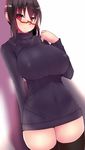  black_legwear breasts brown_hair glasses highres huge_breasts impossible_clothes impossible_sweater light_smile looking_at_viewer original pink_eyes red-framed_eyewear red_eyes ribbed_sweater short_hair solo souma_(ordures) sweater thighhighs thighs 