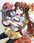  1girl accelgor angry black_pantyhose blue_eyes brown_hair commentary_request dated delphox donut_hair_bun double_bun floating_hair foongus hair_bun happy_birthday highres holding holding_pokemon makomako8oh pantyhose pantyhose_under_shorts poke_ball_print pokemon pokemon_(creature) pokemon_adventures raglan_sleeves rosa_(pokemon) shorts twintails white_background yellow_shorts 