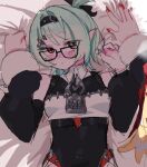  2girls bare_shoulders black-framed_eyewear black_hairband black_shirt black_shorts blonde_hair blush claret_flint commentary_request detached_sleeves female_pov glasses green_hair hair_ornament hairband hairclip high-waist_shorts looking_at_viewer lying multiple_girls on_back on_bed open_mouth pointy_ears pov red_eyes red_nails roxy_ifrita_pryce shirt shorts solo_focus thymtldqtx32716 yuri zenless_zone_zero 