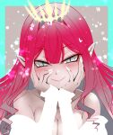  1girl baobhan_sith_(fate) bare_shoulders blush breasts cleavage commentary_request crown detached_sleeves fate/grand_order fate_(series) grand_servant_(fate/grand_order) grey_eyes hair_intakes highres hisame_genta large_breasts long_hair looking_at_viewer pink_hair pointy_ears sidelocks slit_pupils smile solo 