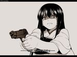  aiming akagi_(kantai_collection) bangs beretta_m1934 clenched_teeth commentary gun handgun hyouju_issei japanese_clothes kantai_collection letterboxed long_hair monochrome muneate pistol shaded_face sidelocks simple_background solo sweat teeth translated trembling weapon 