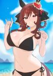  1girl absurdres animal_ears bare_shoulders beach bikini bikini_tug black_bikini blue_sky blush braid braided_hair_rings breasts brown_hair cleavage ear_covers ear_ornament gentildonna_(umamusume) hair_between_eyes hair_ornament hair_rings heart-shaped_ornament heart_ear_ornament highres horse_ears horse_girl horse_tail large_breasts long_hair looking_at_viewer navel ocean open_mouth outdoors red_eyes sky smile solo stomach swimsuit taedelame tail umamusume water 