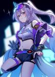  1girl absurdres bare_shoulders black_gloves black_shorts blue_hair blush bra_strap breasts crop_top eyewear_on_head gloves gradient_hair grey_eyes grey_hair h2o_omizu hair_between_eyes highres honkai:_star_rail honkai_(series) long_hair looking_at_viewer medium_breasts midriff multicolored_hair navel open_clothes open_fly purple-tinted_eyewear short_shorts shorts silver_wolf_(honkai:_star_rail) silver_wolf_(lv.999)_(honkai:_star_rail) smile sparkle thigh_strap tinted_eyewear very_long_hair 