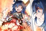  1girl against_pillar ahoge arms_behind_back bar_censor bleeding blood blood_from_mouth blood_in_hair blood_on_face blue_eyes blue_hair bottomless bound bound_arms bound_torso bound_wrists burning burning_at_the_stake captured censored commentary_request constricted_pupils dress execution fire guro highres low_twintails multiple_views mushoku_tensei open_mouth outdoors partial_commentary restrained rope_around_waist roxy_migurdia ryona screaming sendou_asasuzu tied_to_stake torn_clothes torn_dress twintails white_dress 