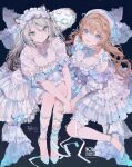  2girls :< animal_ears aqua_eyes black_hair blue_bow blue_bowtie blue_eyes bow bowtie breasts brown_hair character_request cleavage commentary_request copyright_request dress frilled_dress frills from_above gradient_hair highres looking_at_viewer multicolored_hair multiple_girls namu_ta03 on_floor open_mouth sitting slit_pupils smile snow_leopard_ears snow_leopard_girl snow_leopard_tail tail white_dress white_hair 