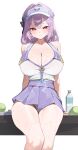  1girl absurdres arm_support ball bare_arms bare_shoulders bench blue_gem blush bottle breasts canace_(stella_sora) canace_(the_formula_for_victory)_(stella_sora) cleavage closed_mouth collarbone commentary double-parted_bangs gdd_(vkejr702) gem groin hair_between_eyes hair_intakes high-waist_skirt highres large_breasts legs long_hair looking_at_viewer miniskirt official_alternate_costume on_bench panties pink_eyes pleated_skirt purple_eyes purple_skirt shirt shirt_tucked_in sidelocks simple_background sitting skirt sleeveless solo sportswear star_(symbol) stella_sora sweat tennis_ball tennis_uniform thighs underwear untranslatable_commentary very_sweaty visor_cap water_bottle white_background white_panties white_visor_cap wooden_bench 