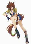  1girl absurdres agnes_tachyon_(lunatic_lab)_(umamusume) agnes_tachyon_(umamusume) ahoge animal_ears bikini black_bikini black_shoes blush breasts brown_hair calamity_brezze cleavage criss-cross_halter full_body gloves green_jacket hair_between_eyes halterneck highres horse_ears horse_girl horse_tail jacket large_breasts leather_wrist_straps navel official_alternate_costume open_clothes open_mouth red_eyes shoes shorts simple_background single_glove smile solo swimsuit tail tied_jacket torn_clothes torn_shorts umamusume wrist_straps 