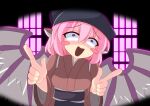  1girl animal_ears bird_ears bird_wings black_headscarf blush_stickers breasts brown_kimono commentary_request damiwi feathered_wings headscarf highres index_finger_raised japanese_clothes kimono looking_up medium_breasts mystia_lorelei obi okamisty open_mouth parody pink_hair pukey_goddess_shot_trick purple_eyes purple_wings raised_inner_eyebrows sash shaded_face short_hair solo tasuki touhou upper_body vignetting wings 
