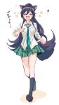  1girl :d ^_^ animal_ears black_hair black_shoes blush breasts cat_ears cat_girl cat_tail clenched_hands closed_eyes collared_shirt commentary facing_viewer full_body green_necktie green_skirt hair_between_eyes happy high_ponytail highres idolmaster idolmaster_shiny_colors kemonomimi_mode kneehighs long_hair medium_breasts necktie open_mouth paddy_field ponytail school_uniform shirase_sakuya shirt shoes simple_background skirt smile socks solo standing tail translated walking white_background white_shirt 