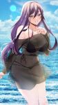  1girl :d absurdres alternate_costume artist_name bare_shoulders bikini black_bikini black_dress blue_sky breasts cleavage cloud cloudy_sky collarbone commentary cowboy_shot curvy day doki_doki_literature_club double-parted_bangs dress english_commentary fishnet_dress grin hair_between_eyes hand_up highres large_breasts lens_flare light_blush long_hair long_sidelocks long_sleeves mi_tarou0412 navel ocean off-shoulder_dress off_shoulder open_mouth outdoors paid_reward_available purple_eyes purple_hair see-through_clothes see-through_dress sidelocks sky smile solo straight_hair swimsuit thick_thighs thighs twitter_username wading watermark wide_hips yuri_(doki_doki_literature_club) 