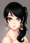  absurdres bad_id bad_pixiv_id bare_shoulders black_hair brown_background brown_eyes close-up collarbone earrings face highres jewelry long_hair looking_at_viewer mizutsuki_rei simple_background solo 