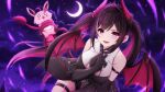  1girl absurdres arm_strap arm_under_breasts azki_(hololive) azki_(little_devil)_(hololive) bare_shoulders black_gloves black_hair black_necktie black_shorts black_tiara breasts colored_inner_hair commentary_request crescent_moon demon_girl demon_horns demon_tail demon_wings elbow_gloves gloves heterochromia highres hololive horns large_breasts long_hair moezi mole mole_under_eye moon multicolored_hair necktie official_alternate_costume official_alternate_hairstyle open_mouth pink_eyes pink_hair pink_horns pink_streaks pink_tail pink_wings pioneer_(azki) purple_eyes purple_sky shirt shorts sky sleeveless sleeveless_shirt streaked_hair tail tail_wrap thigh_strap tiara twintails virtual_youtuber white_shirt white_streaks wings 
