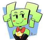  1girl bare_shoulders black_gloves black_outline blue_background blush_stickers bow bowtie colored_skin commentary dress elbow_gloves english_commentary gloves green_skin highres jd_virushunter looking_to_the_side mario_(series) mimi_(paper_mario) outline outside_border paper_mario_(series) polka_dot polka_dot_dress red_bow red_bowtie signature sleeveless sleeveless_dress smile solo super_paper_mario twintails white_outline yellow_dress 