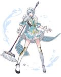  alternate_costume apron crossdressing enmaided maid maid_headdress male_focus mikleo_(tales) mop open_mouth p-nekor purple_eyes silver_hair solo tales_of_(series) tales_of_zestiria thighhighs 