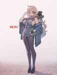  1girl absurdres adjusting_eyewear bare_shoulders black_gloves black_shoes blonde_hair blue_shawl breasts bridal_gauntlets dress full_body gloves grey_dress hair_flaps hand_on_eyewear highres huixing_chloy id_card large_breasts loafers long_sidelocks looking_at_viewer mecha_musume microdress orange_eyes original pantyhose parted_lips personification plaid_clothes plaid_shawl ribbed_dress semi-rimless_eyewear shawl shoes side_part sideboob sidelocks single_glove sleeveless sleeveless_dress solo thick_eyelashes turtleneck turtleneck_dress under-rim_eyewear watch wavy_hair world_of_tanks wristwatch 