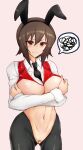 animal_ears bandaid bandaid_on_pussy belmina black_hiphighs black_necktie breasts brown_eyes brown_hair commentary_request covering_breasts covering_privates girls_und_panzer highres hiphighs long_sleeves navel necktie nishizumi_maho pink_background rabbit_ears reverse_bunnysuit reverse_outfit short_hair squiggle 