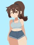  1girl blue_background breasts brown_eyes brown_hair cleavage commentary crop_top deli_mage denim denim_shorts english_commentary grey_tank_top hair_tie high_ponytail highres medium_breasts midriff navel no_sclera original parted_bangs plump ponytail shorts simple_background tank_top thick_thighs thighs 