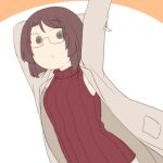  1girl arm_behind_head arms_up breasts brown_hair brown_jacket closed_mouth commentary_request glasses hand_on_own_elbow jacket juukyuu medium_breasts nanako_(juukyuu) open_clothes open_jacket orange_background original red-framed_eyewear red_sweater ribbed_sweater semi-rimless_eyewear sleeveless sleeveless_sweater sleeveless_turtleneck solid_circle_eyes solo sweater turtleneck turtleneck_sweater two-tone_background under-rim_eyewear white_background 