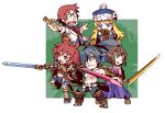  2boys 3girls aiming aiming_at_viewer armor bag blue_coat blue_eyes brown_hair bushidou_(sekaiju) bushidou_1_(sekaiju) bushidou_4_(sekaiju) character_hat_ornament chibi chibi_only closed_mouth coat commentary_request full_body fur-trimmed_coat fur-trimmed_headwear fur_trim glasses greaves green_eyes gun gunner_(sekaiju) gunner_2_(sekaiju) hair_over_one_eye hakama hakama_skirt high_ponytail holding holding_gun holding_sword holding_test_tube holding_weapon jack_frost_(megami_tensei) japanese_armor japanese_clothes kimono kote long_hair looking_at_viewer medic_(sekaiju) medic_1_(sekaiju) midriff multiple_boys multiple_girls navel one_eye_covered open_clothes open_coat open_mouth pectorals pink_kimono pom_pom_(clothes) ponytail purple_hakama red_hair scar sekaiju_no_meikyuu sekaiju_no_meikyuu_2 shield short_hair shoulder_bag skirt smile spiked_hair standing sword swordsman_(sekaiju) swordsman_2_(sekaiju) takujin test_tube v-shaped_eyebrows weapon white_coat 