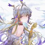  1girl absurdres arknights bare_shoulders bead_choker beads blonde_hair blue_hair closed_mouth commentary dragon_girl dragon_horns earrings from_side highres horns jacket jewelry long_hair long_pointy_ears meihina multicolored_hair open_clothes open_jacket pointy_ears shirt shu_(arknights) smile solo white_hair white_jacket white_shirt yellow_hands 