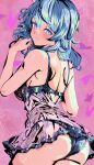  1girl absurdres ako_(blue_archive) ass babydoll back blue_archive blue_eyes blue_hair blush breasts commentary from_behind grey_panties highres lace-trimmed_panties lace_trim light_frown long_hair looking_at_viewer looking_back medium_breasts negligee panties pink_background purple_negligee solo uirou_(uirou2024) underwear 