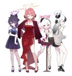  4girls aru_(blue_archive) aru_(dress)_(blue_archive) black_bow black_hair black_horns black_shoes blue_archive bow breasts cardigan cleavage closed_mouth cocktail_dress commentary_request dexien dress feet_out_of_frame fishnet_pantyhose fishnets fur_shawl gradient_hair grey_cardigan grey_dress grey_halo hair_bow halo haruka_(blue_archive) haruka_(dress)_(blue_archive) high_heels horns jewelry kayoko_(blue_archive) kayoko_(dress)_(blue_archive) multicolored_hair multiple_girls mutsuki_(blue_archive) mutsuki_(dress)_(blue_archive) necklace off_shoulder one_eye_closed open_mouth pantyhose purple_dress purple_eyes purple_hair purple_halo red_dress red_eyes red_hair red_halo shawl shirt_on_shoulders shoes side_ponytail simple_background strapless strapless_dress table two-tone_hair v white_background white_hair yellow_halo 