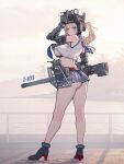  1girl absurdres ankle_boots ass bare_legs bare_shoulders belt black_boots blonde_hair blue_eyes blue_necktie blue_skirt boots breasts brown_belt colored_shoe_soles combat_helmet commentary_request crop_top from_behind full_body gun hand_on_helmet helmet highres holding holding_gun holding_weapon huixing_chloy large_breasts long_hair looking_at_viewer looking_back low_block_heels mecha_musume mechanical_arms microskirt necktie original personification pleated_skirt ponytail sailor_collar shirt side_part sideboob sidelocks skirt solo weapon white_shirt world_of_tanks 